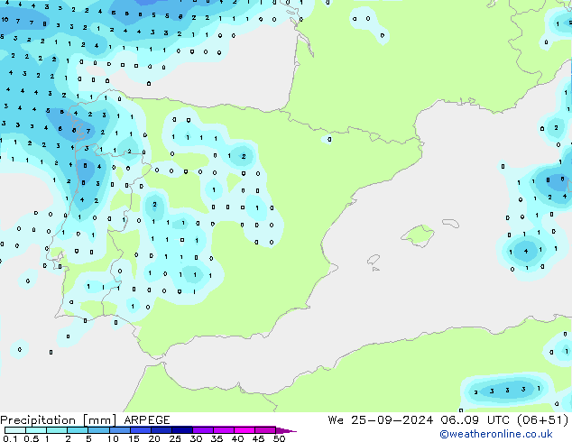 Precipitazione ARPEGE mer 25.09.2024 09 UTC