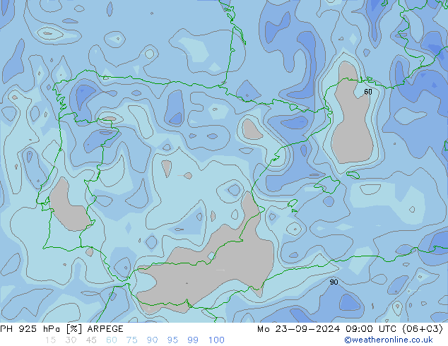 RH 925 гПа ARPEGE пн 23.09.2024 09 UTC