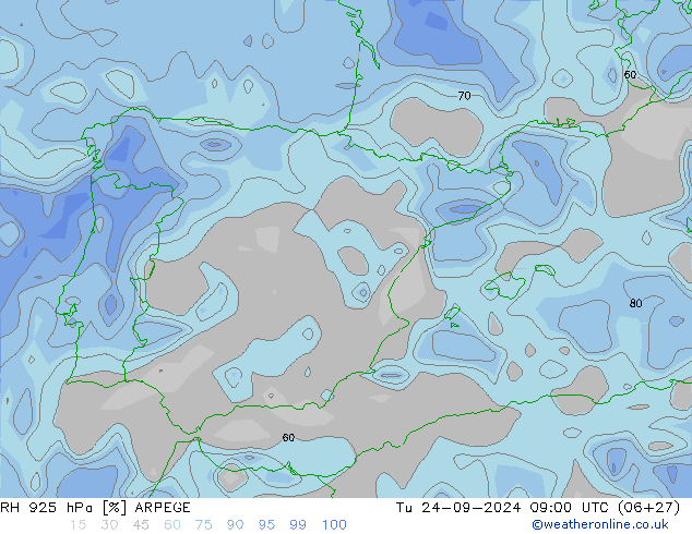 RH 925 hPa ARPEGE Ter 24.09.2024 09 UTC