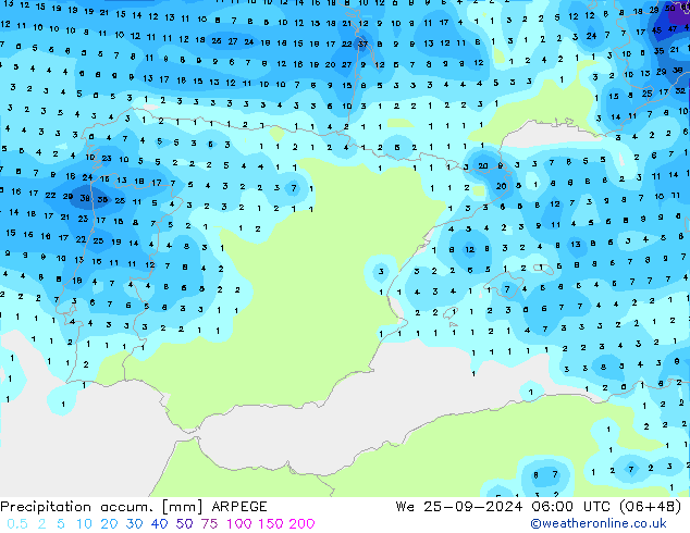 Precipitation accum. ARPEGE śro. 25.09.2024 06 UTC