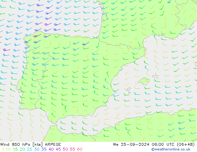 wiatr 850 hPa ARPEGE śro. 25.09.2024 06 UTC