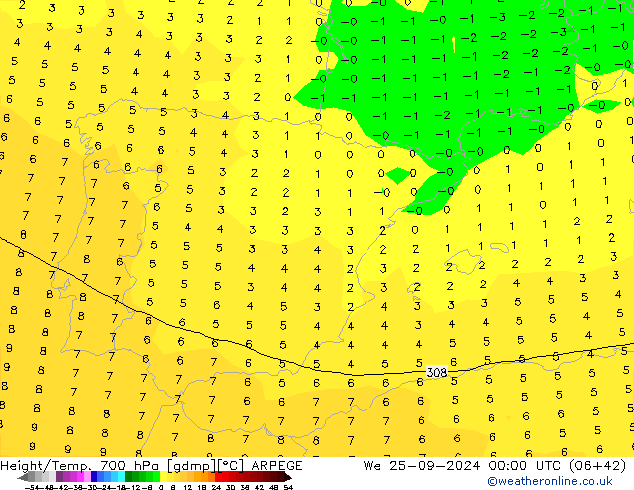 Height/Temp. 700 гПа ARPEGE ср 25.09.2024 00 UTC