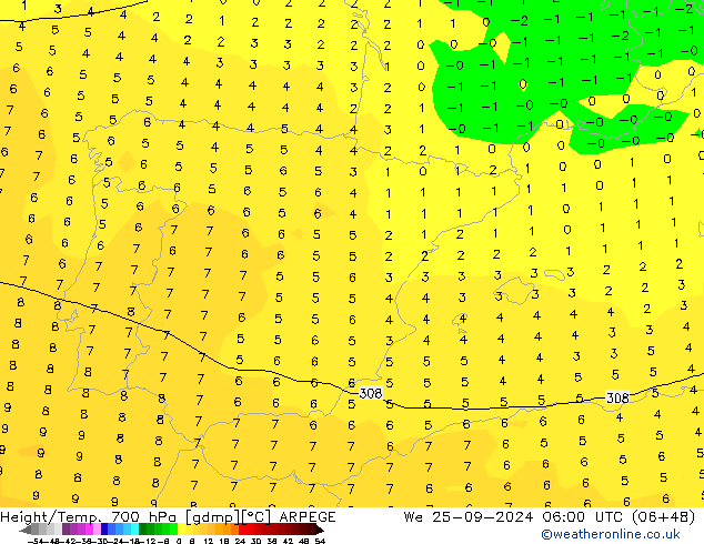 Height/Temp. 700 hPa ARPEGE śro. 25.09.2024 06 UTC