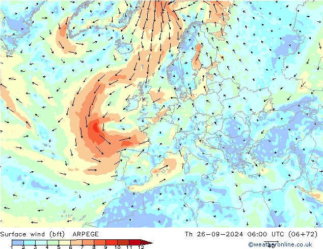 Wind 10 m (bft) ARPEGE do 26.09.2024 06 UTC