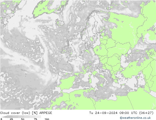 Cloud cover (low) ARPEGE Tu 24.09.2024 09 UTC