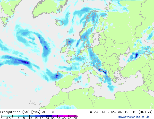 Totale neerslag (6h) ARPEGE di 24.09.2024 12 UTC