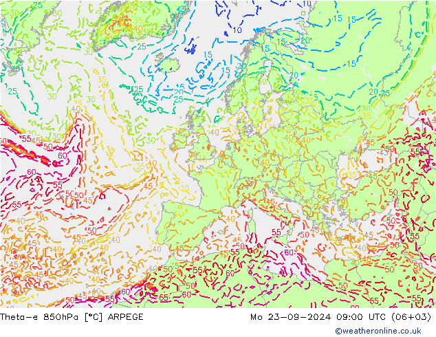 Theta-e 850hPa ARPEGE Seg 23.09.2024 09 UTC