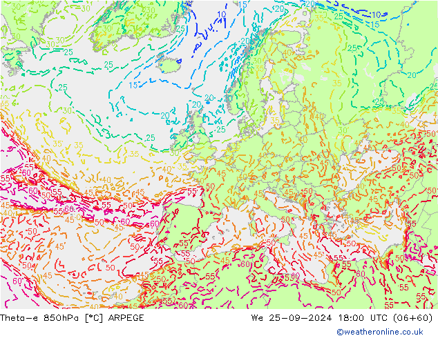 Theta-e 850гПа ARPEGE ср 25.09.2024 18 UTC