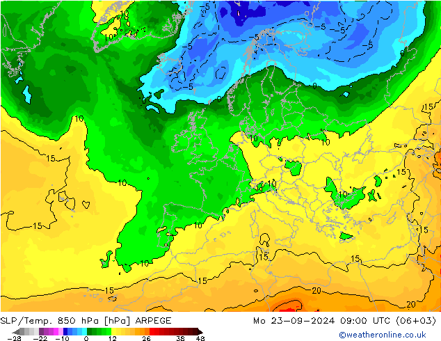 SLP/Temp. 850 hPa ARPEGE Mo 23.09.2024 09 UTC