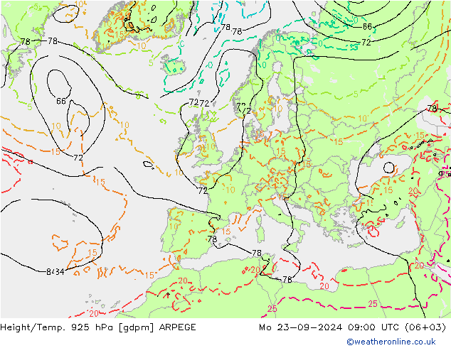 Yükseklik/Sıc. 925 hPa ARPEGE Pzt 23.09.2024 09 UTC