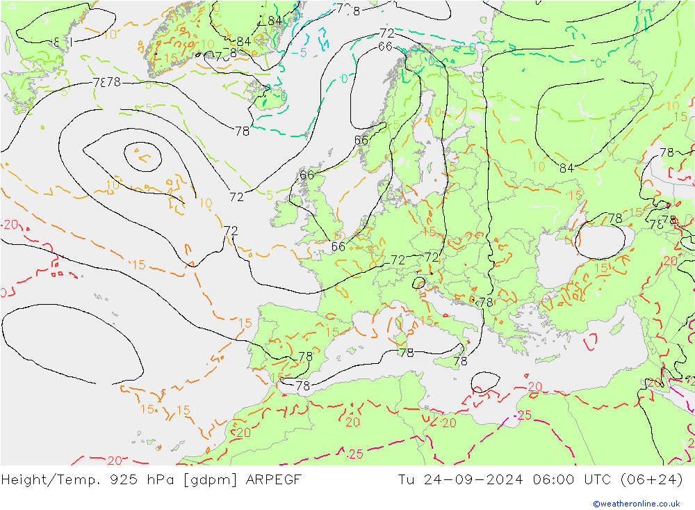 Height/Temp. 925 hPa ARPEGE Ter 24.09.2024 06 UTC