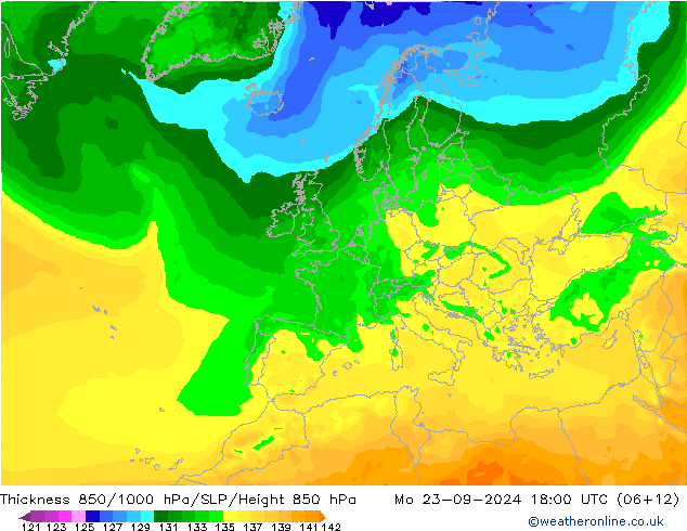 Schichtdicke 850-1000 hPa ARPEGE Mo 23.09.2024 18 UTC