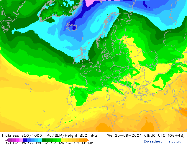 Thck 850-1000 hPa ARPEGE Qua 25.09.2024 06 UTC