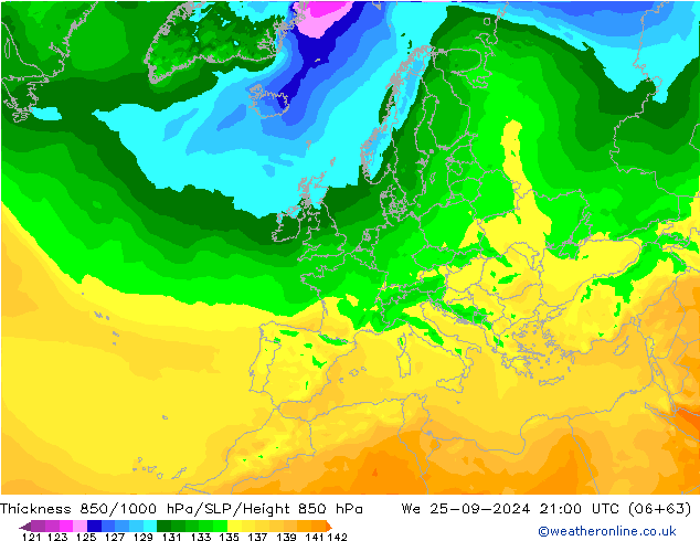 Thck 850-1000 гПа ARPEGE ср 25.09.2024 21 UTC