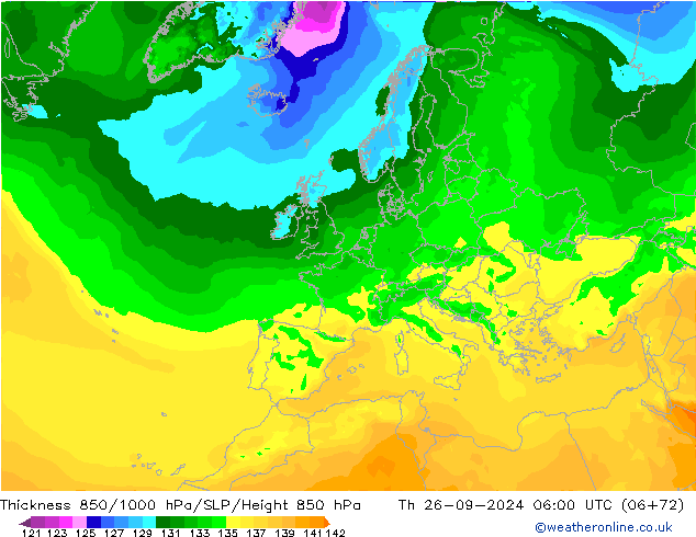 Thck 850-1000 hPa ARPEGE Qui 26.09.2024 06 UTC