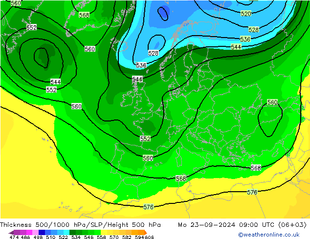 Schichtdicke 500-1000 hPa ARPEGE Mo 23.09.2024 09 UTC