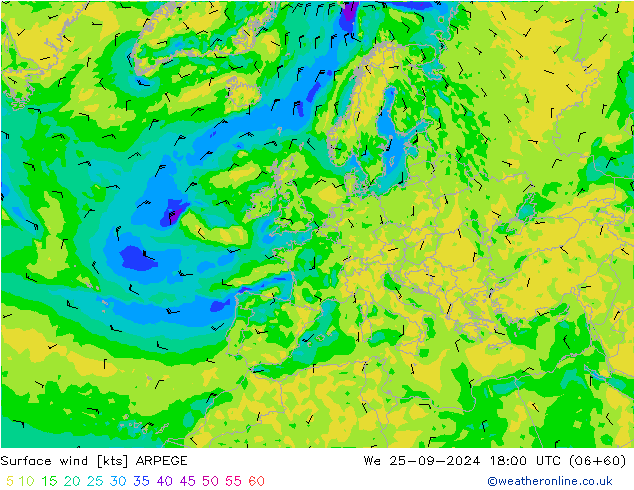 Surface wind ARPEGE We 25.09.2024 18 UTC