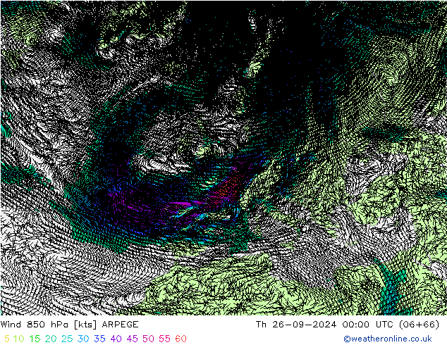 wiatr 850 hPa ARPEGE czw. 26.09.2024 00 UTC