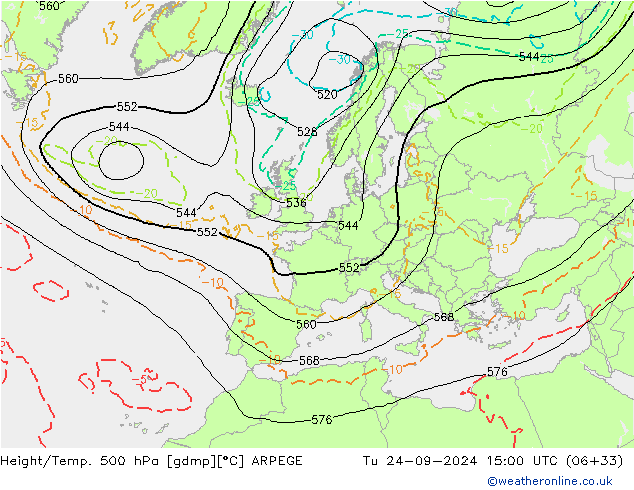 Height/Temp. 500 hPa ARPEGE Ter 24.09.2024 15 UTC