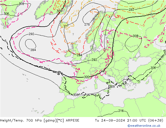 Yükseklik/Sıc. 700 hPa ARPEGE Sa 24.09.2024 21 UTC