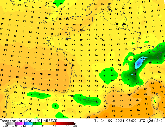 Temperature (2m) ARPEGE Tu 24.09.2024 06 UTC