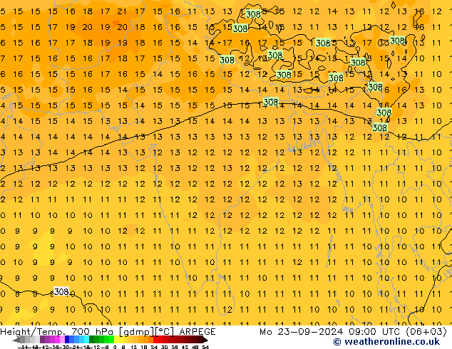 Height/Temp. 700 гПа ARPEGE пн 23.09.2024 09 UTC