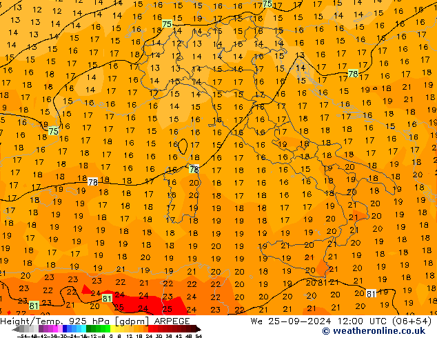 Height/Temp. 925 hPa ARPEGE śro. 25.09.2024 12 UTC