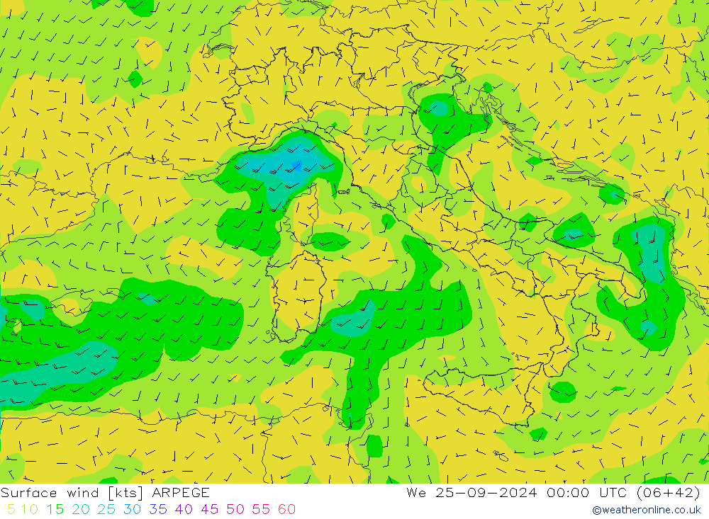 Rüzgar 10 m ARPEGE Çar 25.09.2024 00 UTC