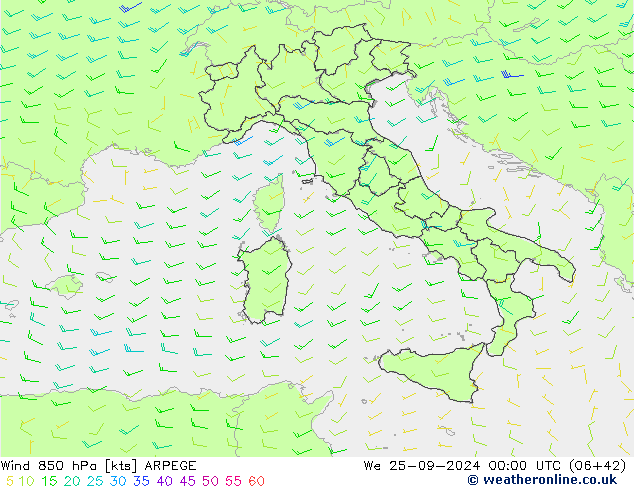 Wind 850 hPa ARPEGE wo 25.09.2024 00 UTC