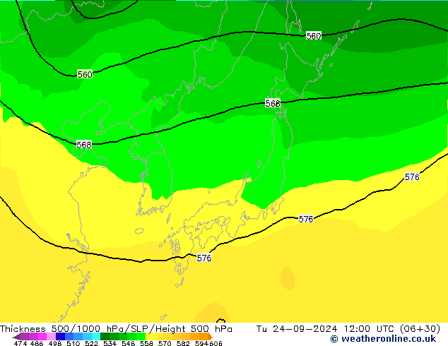 Dikte 500-1000hPa ARPEGE di 24.09.2024 12 UTC