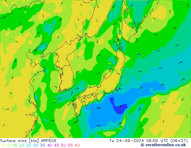 wiatr 10 m ARPEGE wto. 24.09.2024 09 UTC