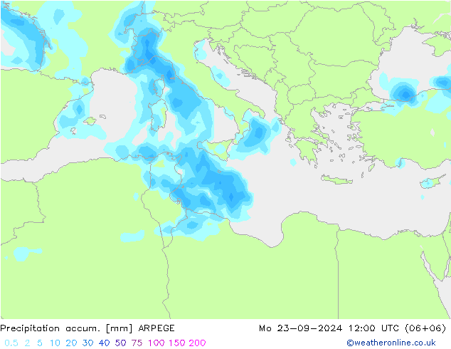 Precipitation accum. ARPEGE Mo 23.09.2024 12 UTC