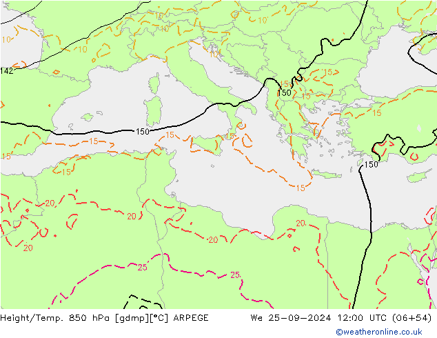 Height/Temp. 850 hPa ARPEGE śro. 25.09.2024 12 UTC