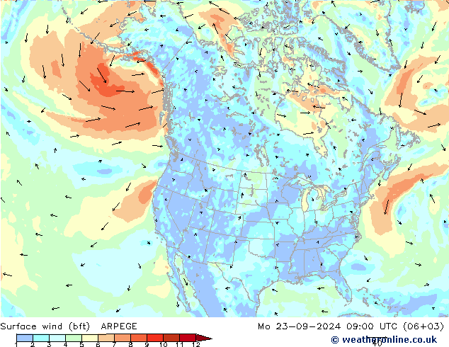 Surface wind (bft) ARPEGE Mo 23.09.2024 09 UTC