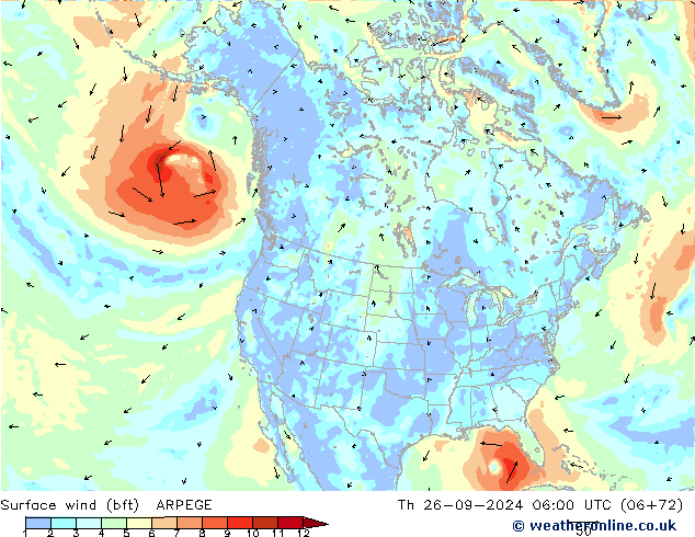 ве�Bе�@ 10 m (bft) ARPEGE чт 26.09.2024 06 UTC