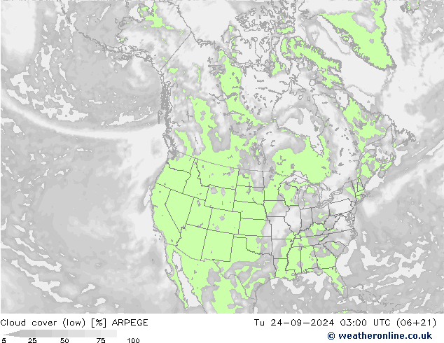 Cloud cover (low) ARPEGE Tu 24.09.2024 03 UTC