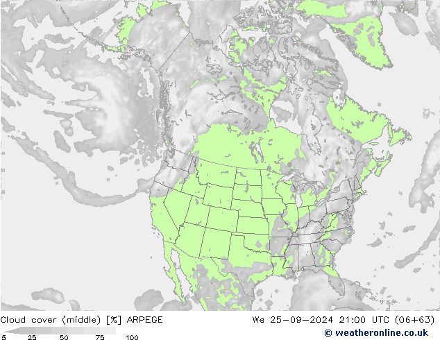 Cloud cover (middle) ARPEGE We 25.09.2024 21 UTC