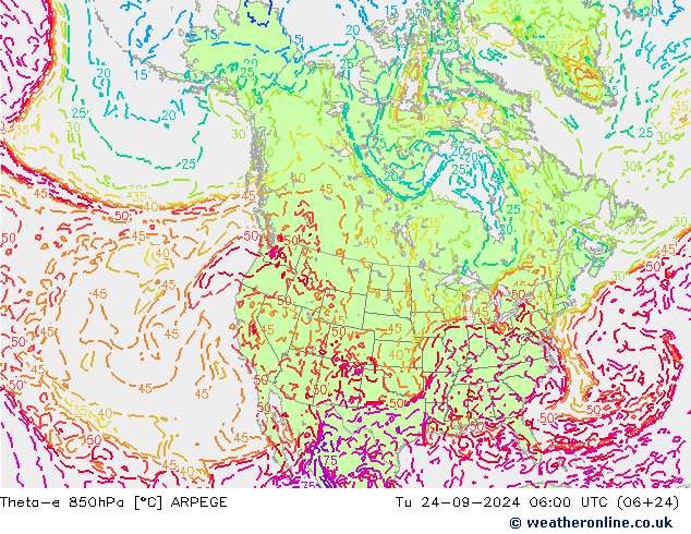 Theta-e 850hPa ARPEGE Di 24.09.2024 06 UTC