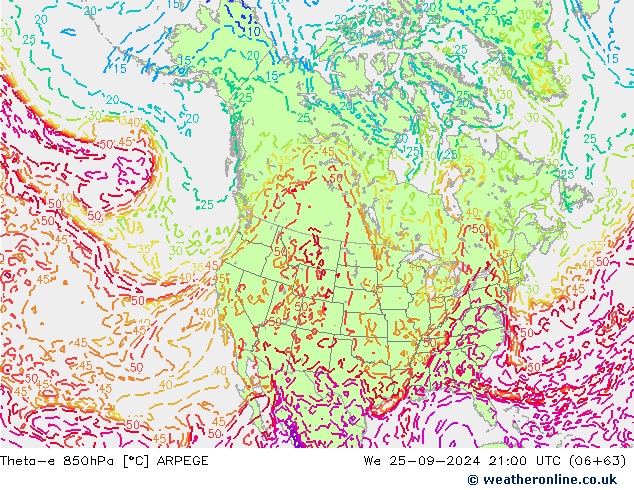 Theta-e 850hPa ARPEGE wo 25.09.2024 21 UTC