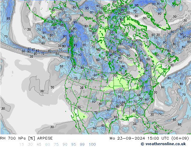 Humidité rel. 700 hPa ARPEGE lun 23.09.2024 15 UTC