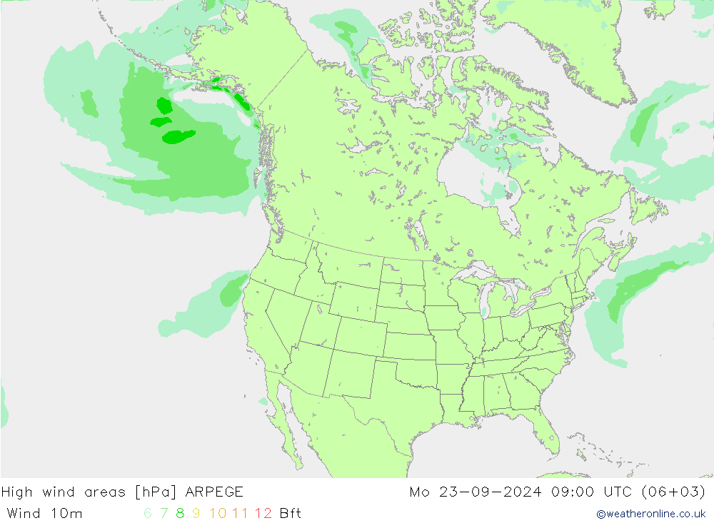 High wind areas ARPEGE Mo 23.09.2024 09 UTC