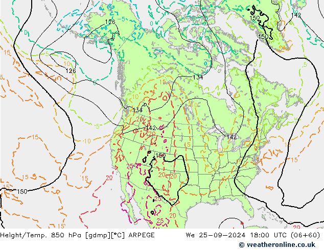 Height/Temp. 850 hPa ARPEGE mer 25.09.2024 18 UTC