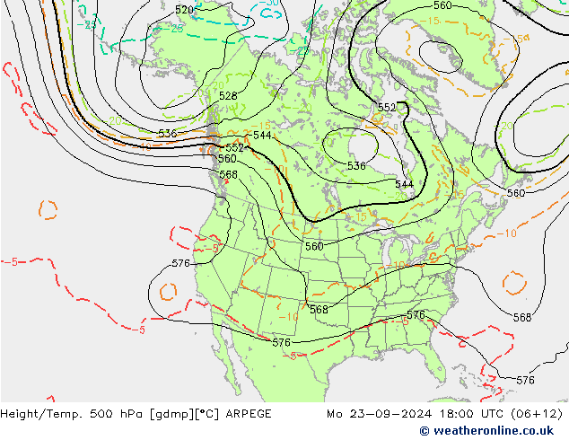 Height/Temp. 500 hPa ARPEGE Mo 23.09.2024 18 UTC