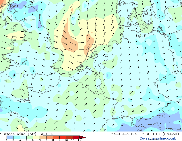 Vent 10 m (bft) ARPEGE mar 24.09.2024 12 UTC