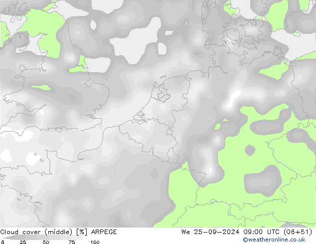 Nubi medie ARPEGE mer 25.09.2024 09 UTC