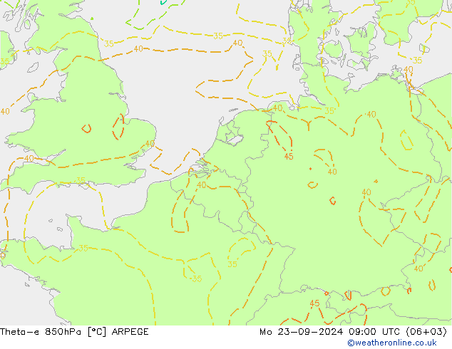 Theta-e 850hPa ARPEGE lun 23.09.2024 09 UTC