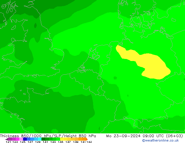 Espesor 850-1000 hPa ARPEGE lun 23.09.2024 09 UTC