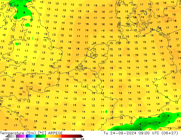 Temperature (2m) ARPEGE Tu 24.09.2024 09 UTC