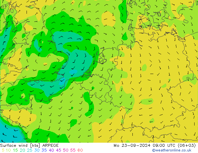 Wind 10 m ARPEGE ma 23.09.2024 09 UTC