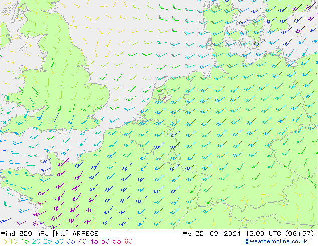 Vent 850 hPa ARPEGE mer 25.09.2024 15 UTC